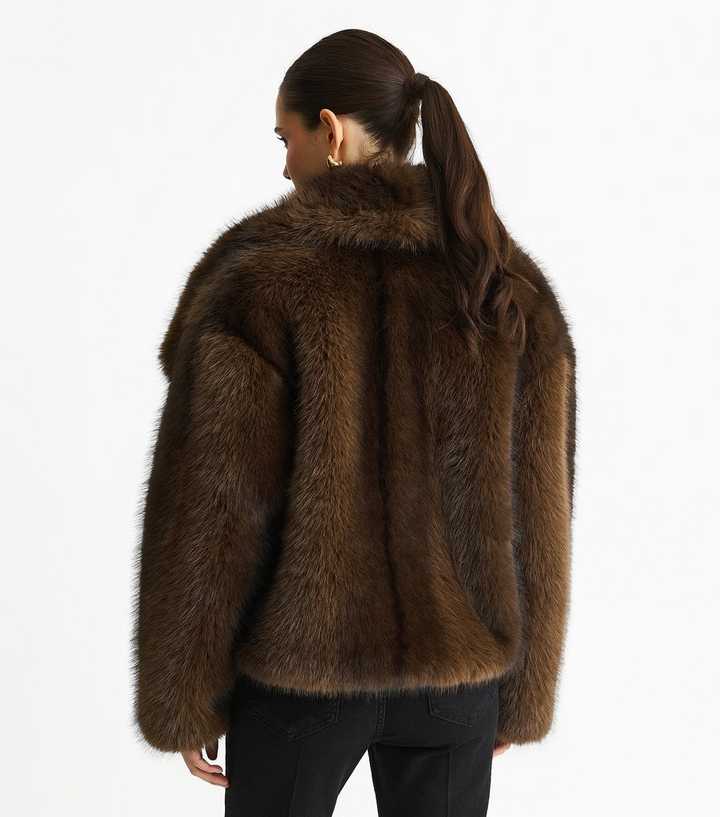 Gini London Mid Brown Oversized Lapel Faux Fur Jacket