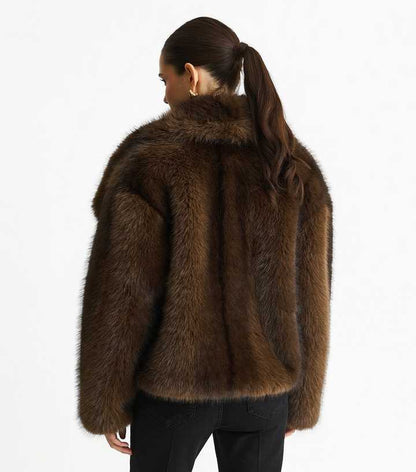 Gini London Mid Brown Oversized Lapel Faux Fur Jacket