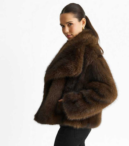 Gini London Mid Brown Oversized Lapel Faux Fur Jacket