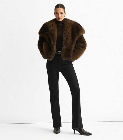 Gini London Mid Brown Oversized Lapel Faux Fur Jacket