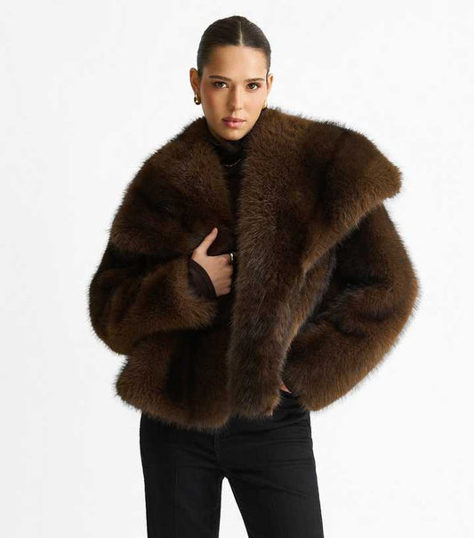 Gini London Mid Brown Oversized Lapel Faux Fur Jacket