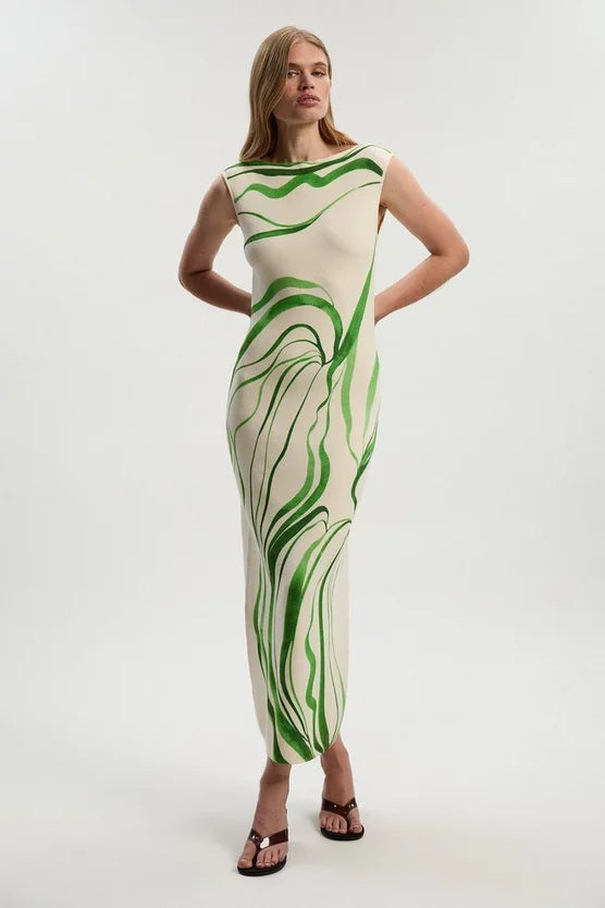 Abstract Print Knitted Maxi Dress