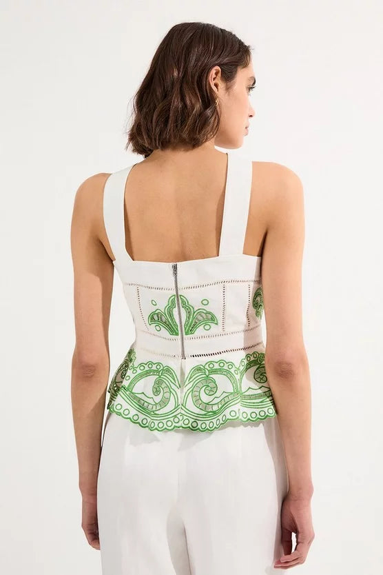 Cutwork Embroidered Ruffle Woven Strappy Top