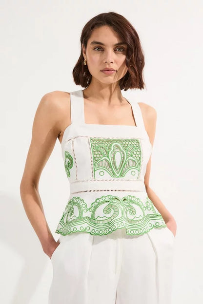 Cutwork Embroidered Ruffle Woven Strappy Top