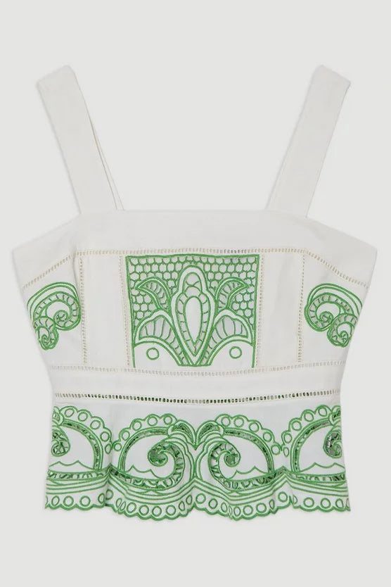 Cutwork Embroidered Ruffle Woven Strappy Top
