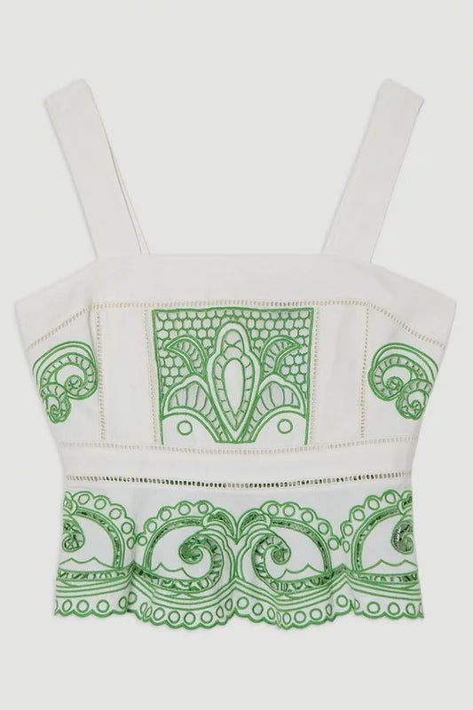 Cutwork Embroidered Ruffle Woven Strappy Top