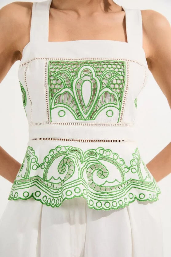 Cutwork Embroidered Ruffle Woven Strappy Top