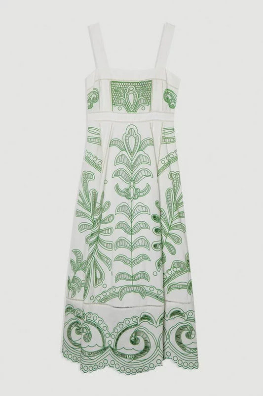 Cutwork Embroidered Woven Midi Prom Dress