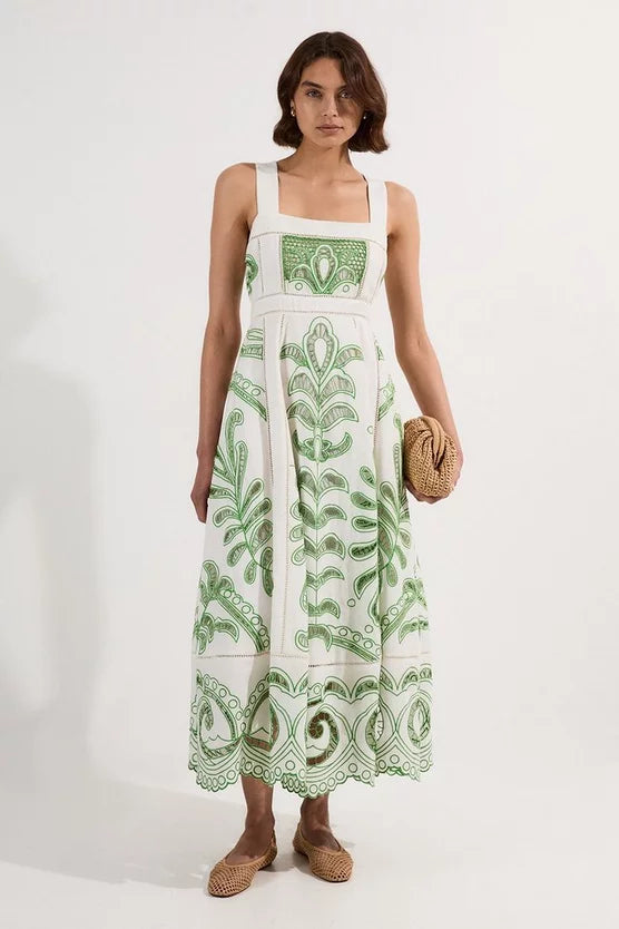 Cutwork Embroidered Woven Midi Prom Dress