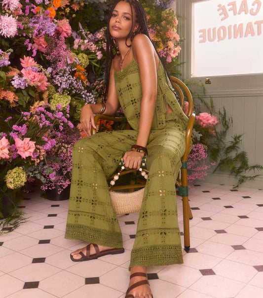 Green Cutwork Wide Leg Trousers