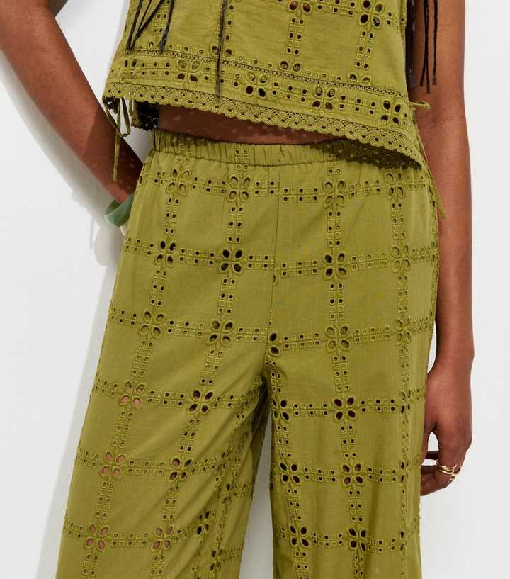Green Cutwork Wide Leg Trousers