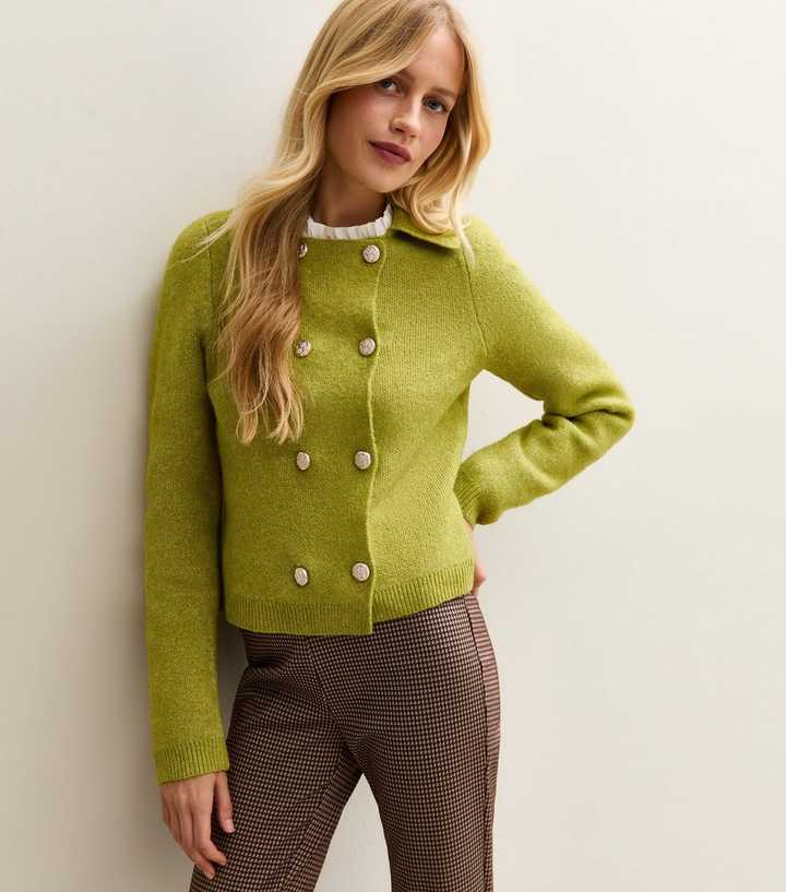 Green Double Breasted Collared Cardigan