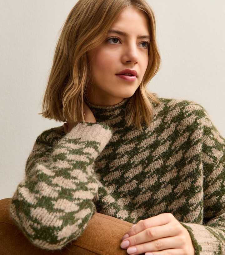 Green Houndstooth High Neck Jumper