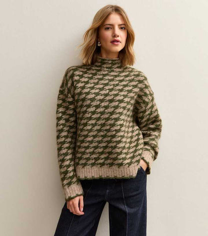 Green Houndstooth High Neck Jumper