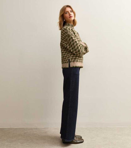 Green Houndstooth High Neck Jumper