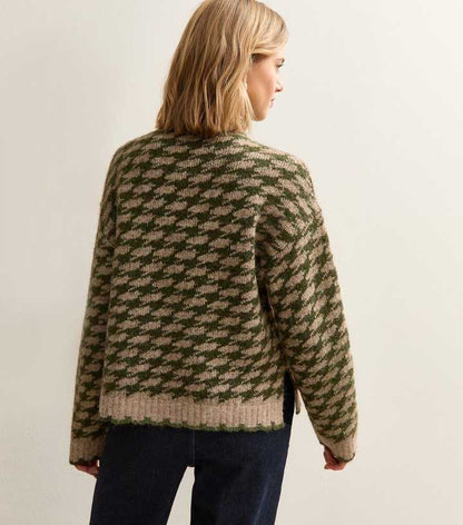 Green Houndstooth High Neck Jumper