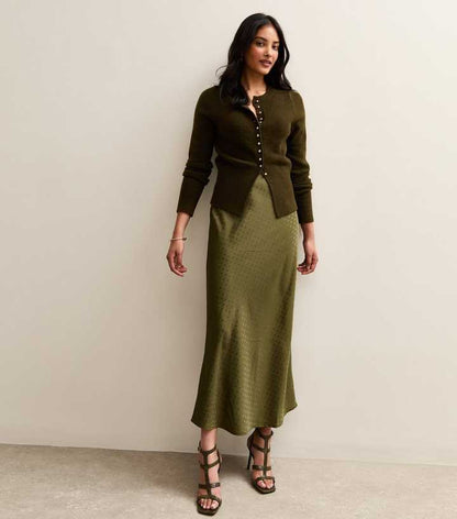 Green Spot Jacquard Satin Bias Cut Midi Skirt