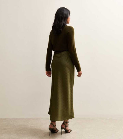 Green Spot Jacquard Satin Bias Cut Midi Skirt