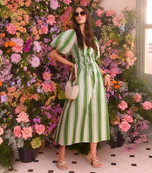 Green Striped Puff Sleeve Midi Dress