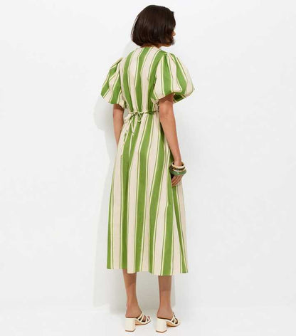 Green Striped Puff Sleeve Midi Dress