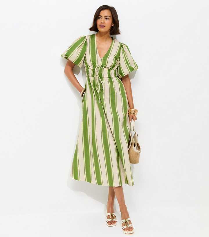 Green Striped Puff Sleeve Midi Dress
