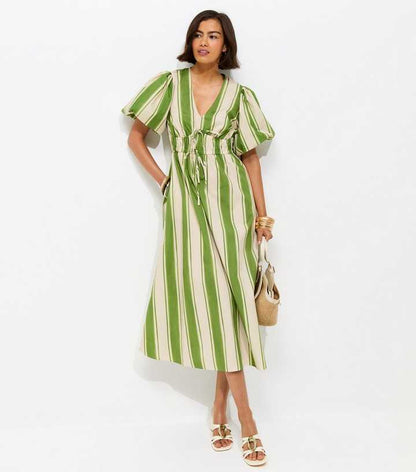 Green Striped Puff Sleeve Midi Dress
