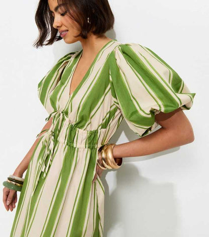 Green Striped Puff Sleeve Midi Dress