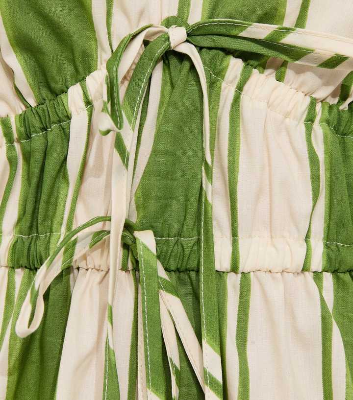 Green Striped Puff Sleeve Midi Dress
