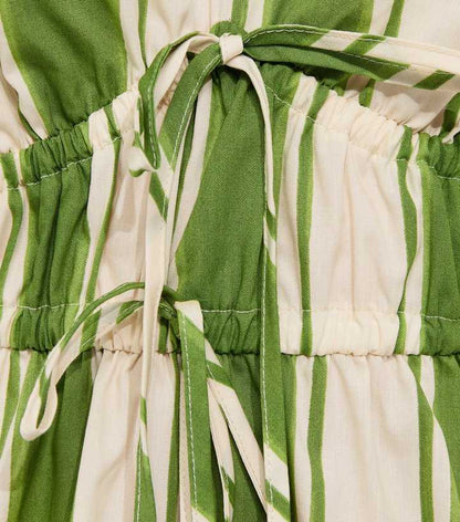 Green Striped Puff Sleeve Midi Dress