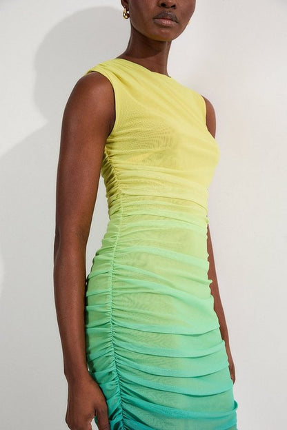 Sunset Ombre Mesh Ruched Jersey Maxi Dress