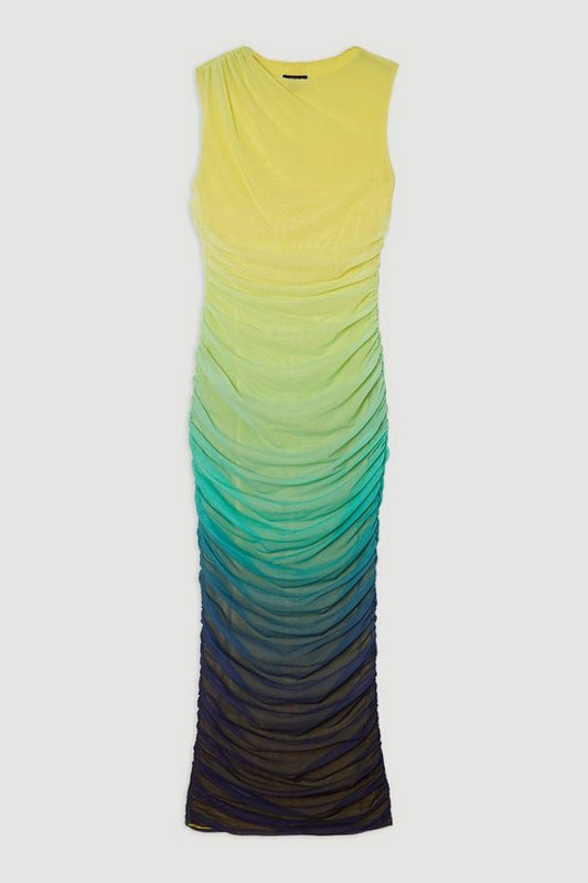 Sunset Ombre Mesh Ruched Jersey Maxi Dress