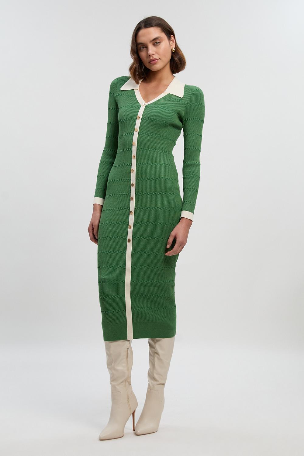 Viscose Rib Stitch Detail Contrast Colour Button Knit Midi Dress