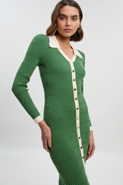 Viscose Rib Stitch Detail Contrast Colour Button Knit Midi Dress