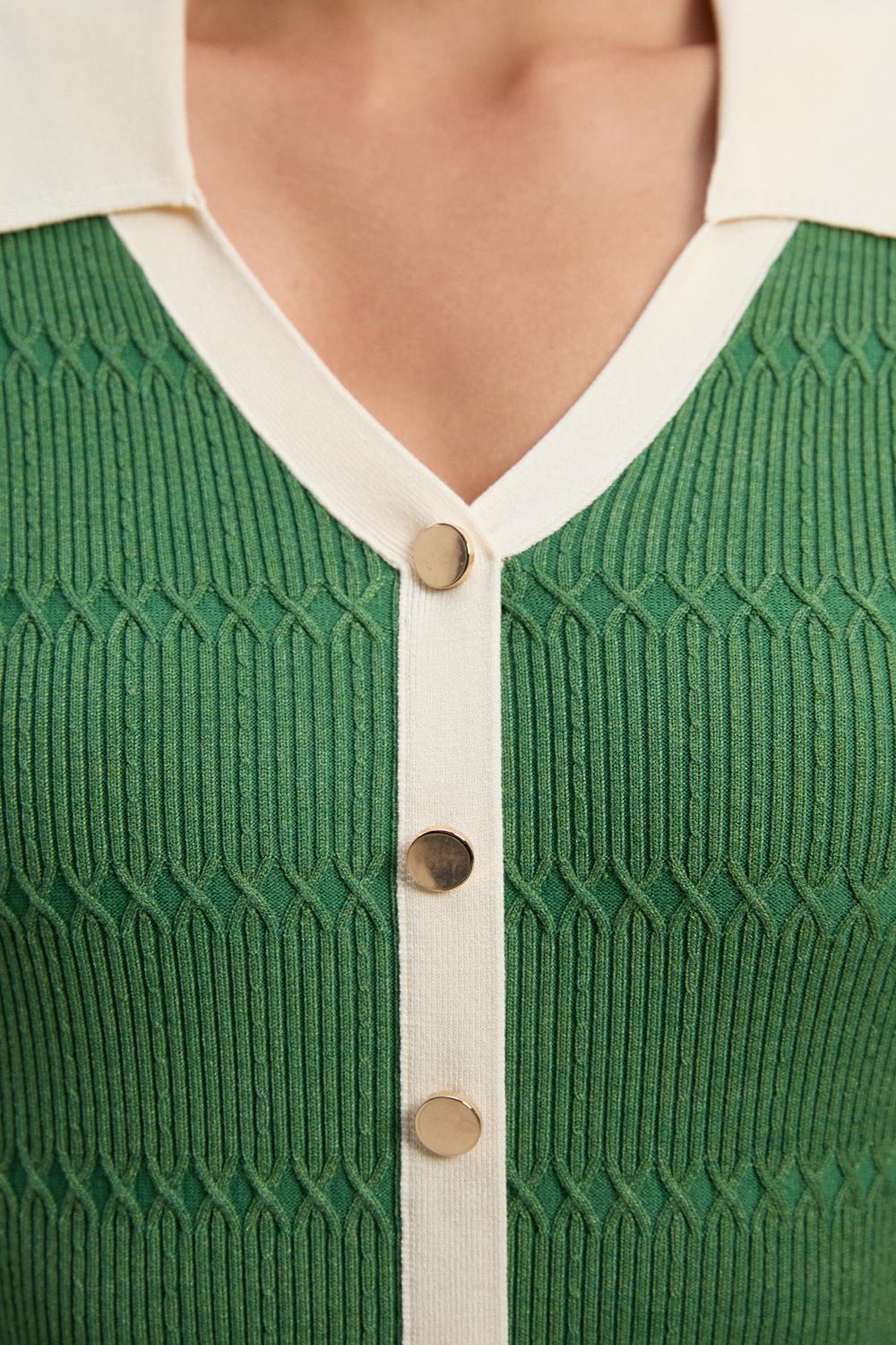 Viscose Rib Stitch Detail Contrast Colour Button Knit Midi Dress