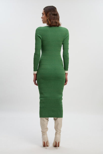 Viscose Rib Stitch Detail Contrast Colour Button Knit Midi Dress