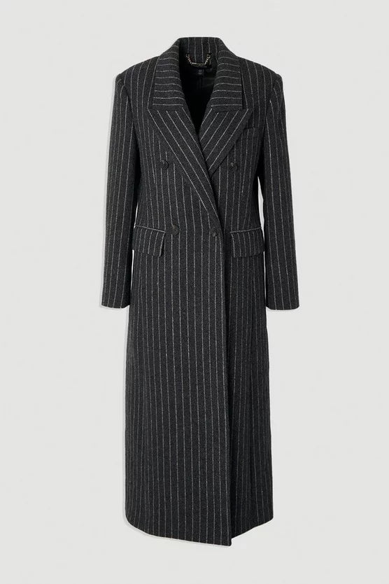 Brushed Wool Pinstripe Oversized Double Breasted Tailored Maxi Coat