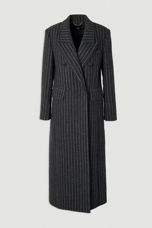 Brushed Wool Pinstripe Oversized Double Breasted Tailored Maxi Coat