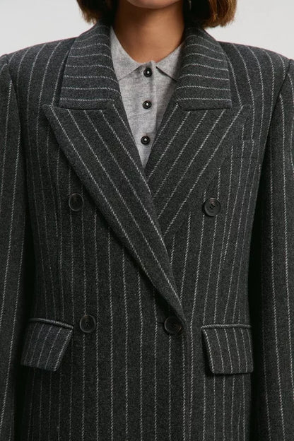 Brushed Wool Pinstripe Oversized Double Breasted Tailored Maxi Coat