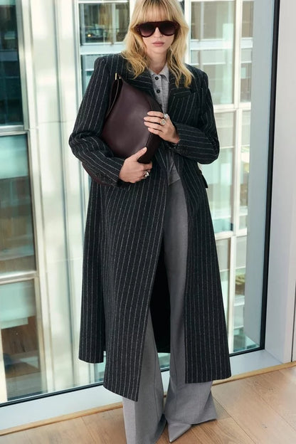 Brushed Wool Pinstripe Oversized Double Breasted Tailored Maxi Coat