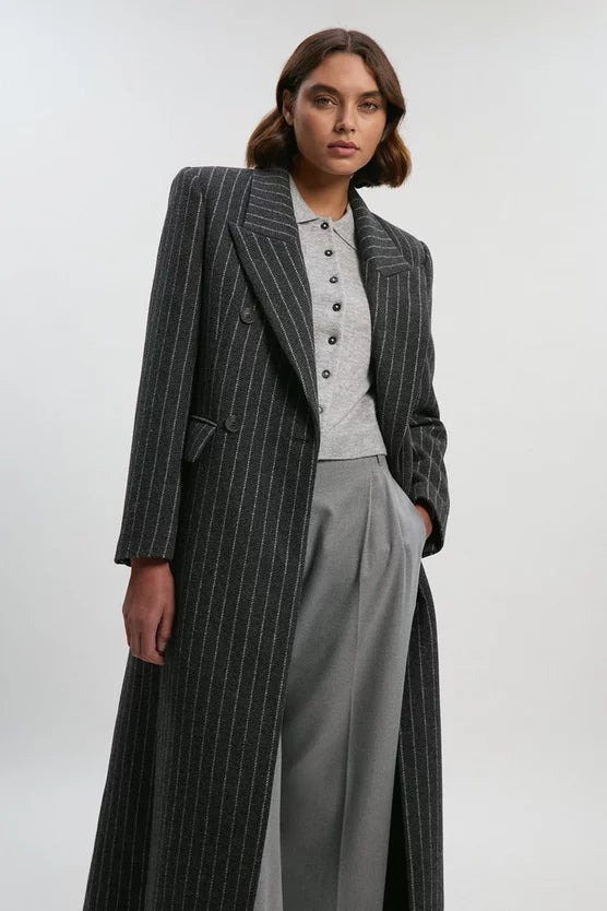 Brushed Wool Pinstripe Oversized Double Breasted Tailored Maxi Coat