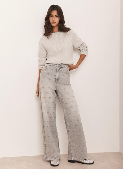 Grey Embellished Wide Jeans