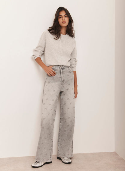 Grey Embellished Wide Jeans