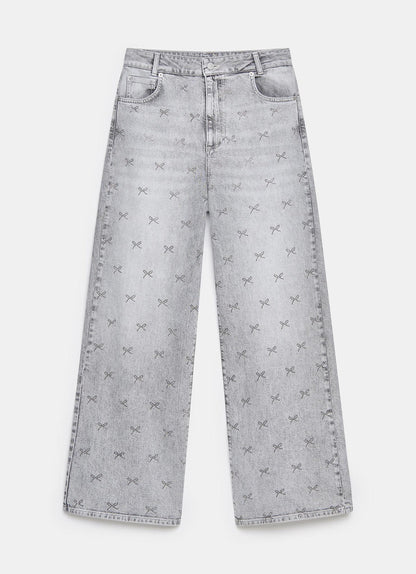 Grey Embellished Wide Jeans