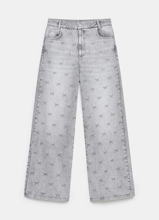 Grey Embellished Wide Jeans