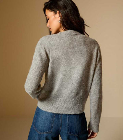 Grey Diamante Floral Embellished Crew Neck Cardigan