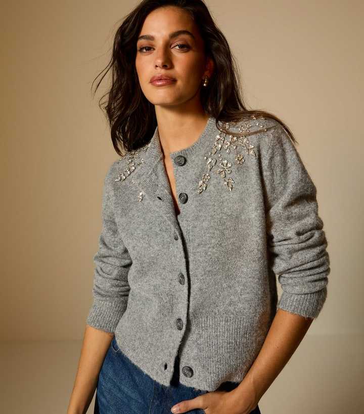 Grey Diamante Floral Embellished Crew Neck Cardigan