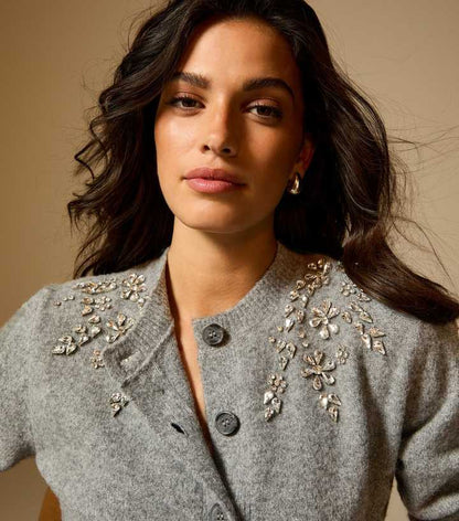 Grey Diamante Floral Embellished Crew Neck Cardigan