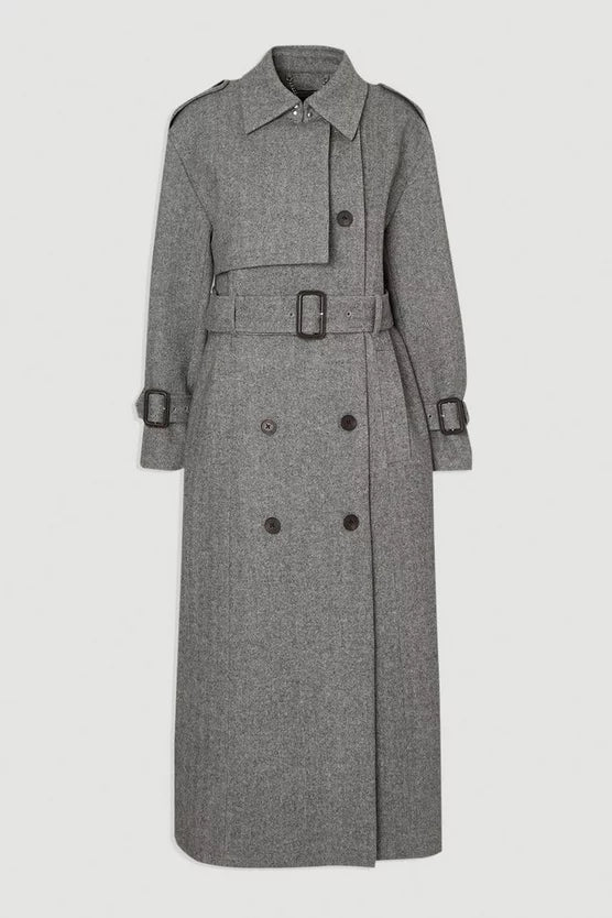 Herringbone Wool Belted Trench Tailored Maxi Coat