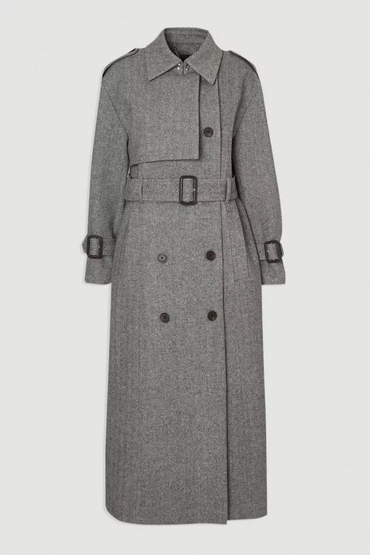 Herringbone Wool Belted Trench Tailored Maxi Coat
