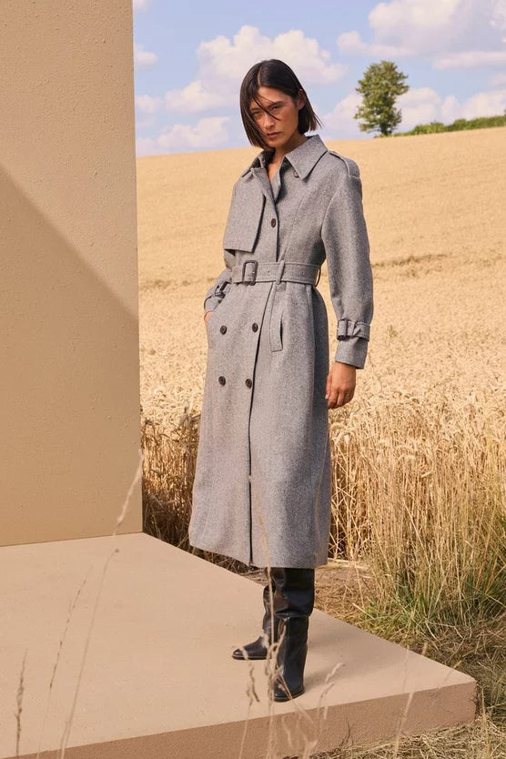 Herringbone Wool Belted Trench Tailored Maxi Coat